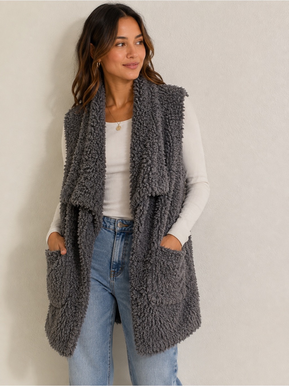 Altar'd State Charcoal Faux-Sherpa Open Front Vest